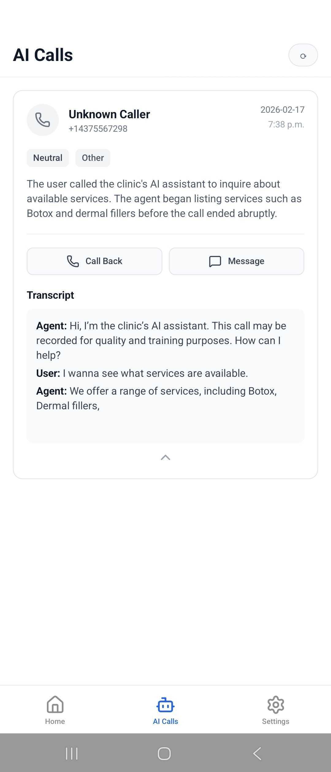 AI call transcription view