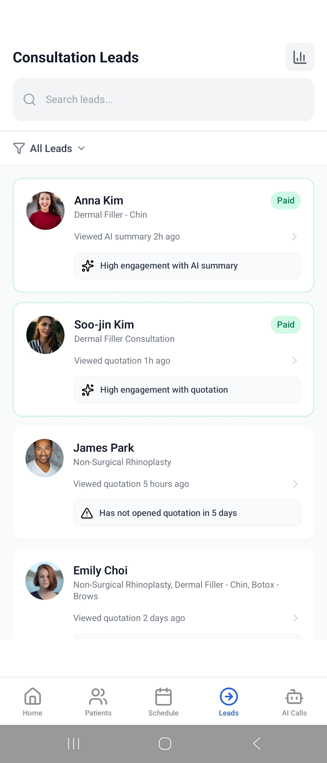 AI receptionist dashboard overview